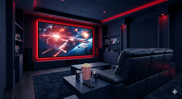 watching the latest movies 2026 in a modern home theater setup