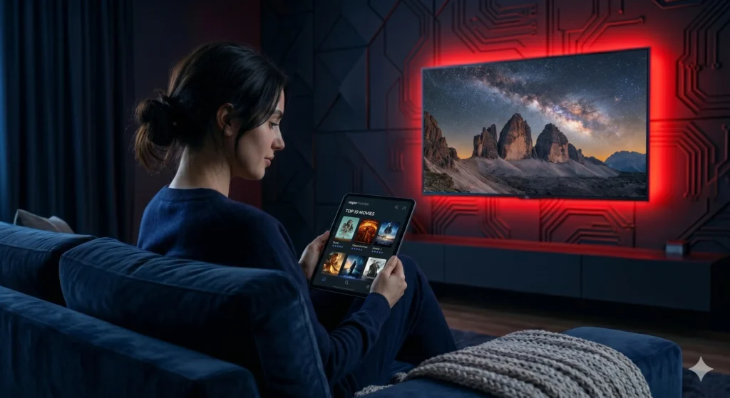 a movie fan checking the latest vega movie reviews on a tablet